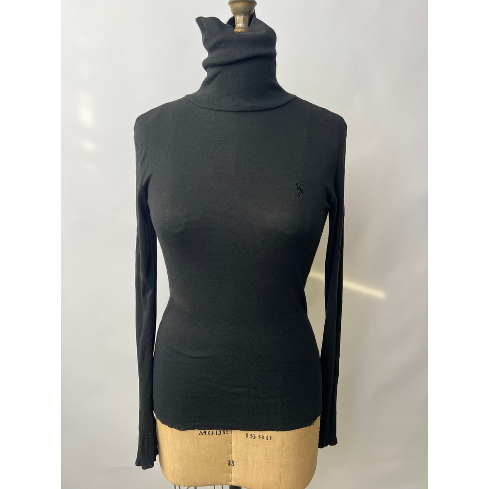 Ralph Lauren Sport Black Pima Cotton Lyocell Turtleneck Top Small Raw Hem
